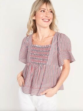 Old Navy Smocked Flutter Sleeve Babydoll Stripe Top Red White Blue L